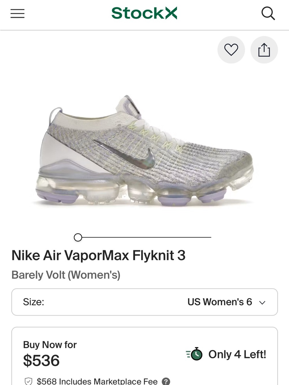 Nike Women's Flyknit 3 Vapormax Sneakers in White with Lavender and Lime Accents
